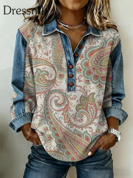 Frauen Westliches Muster Patchwork Kunst Sweatshirt als bild / S