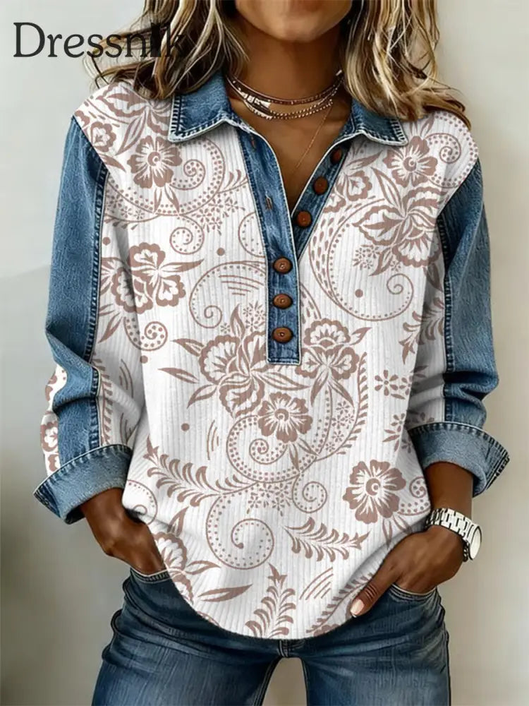 Frauen Westliches Muster Patchwork Kunst Sweatshirt als bild / S