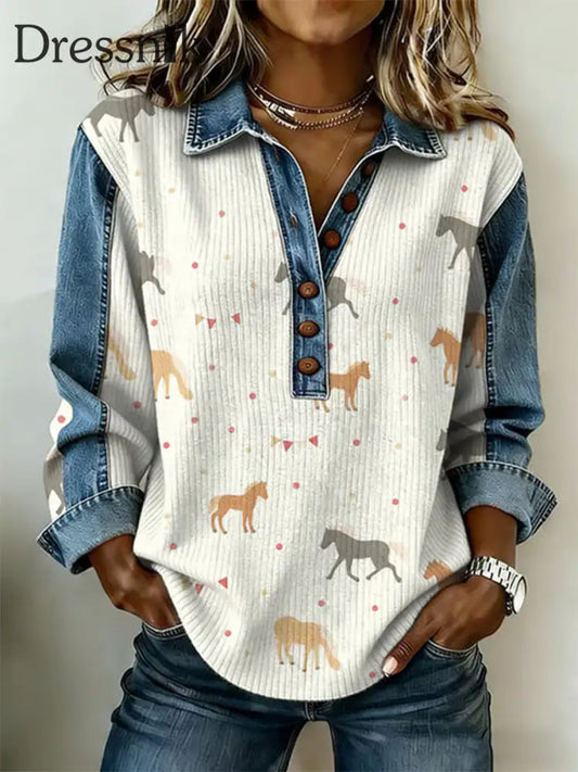 Frauen Westliches Muster Patchwork Kunst Sweatshirt als bild / S