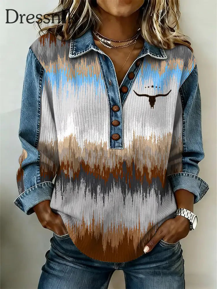 Frauen Westliches Muster Patchwork Kunst Sweatshirt als bild / S