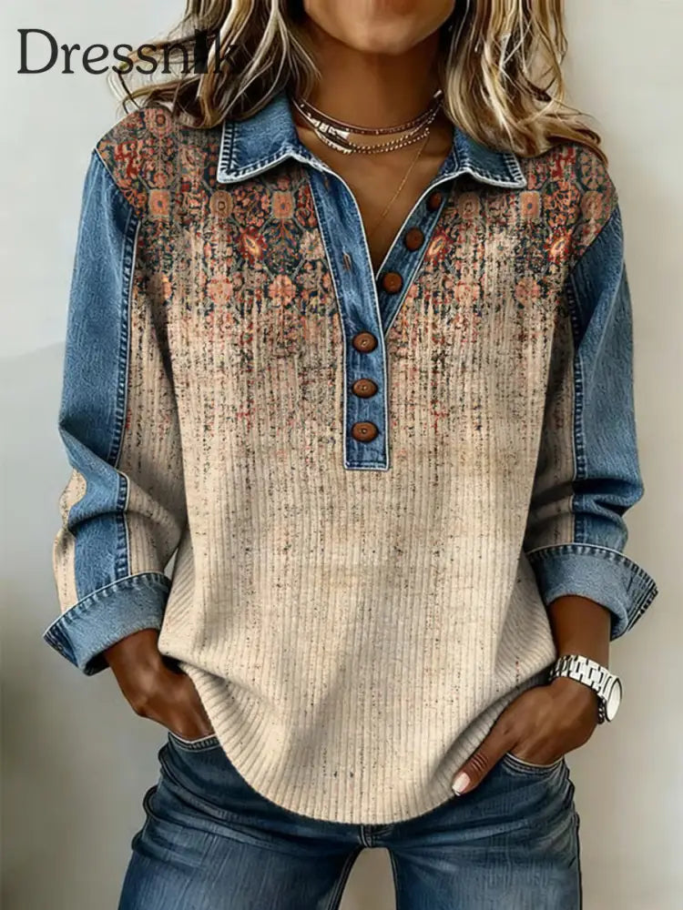 Frauen Westliches Muster Patchwork Kunst Sweatshirt als bild / S