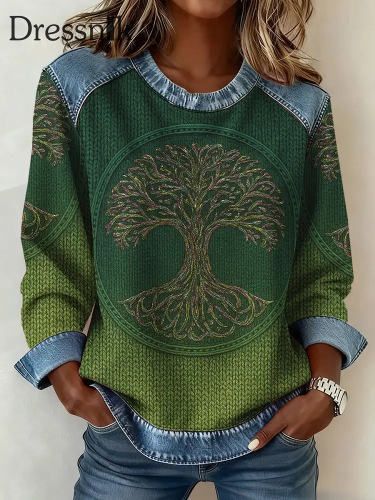 Frauen Wikinger Baum des Lebens 3D-Druck Denim Sweatshirt Grün / S