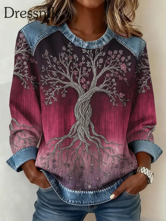 Frauen Wikinger Baum des Lebens 3D-Druck Denim Sweatshirt Rosenrot / S