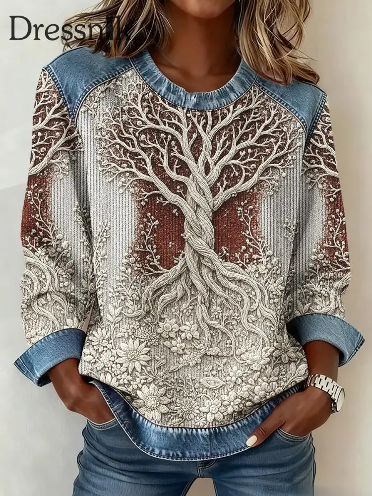 Frauen Wikinger Baum des Lebens 3D-Druck Denim Sweatshirt Weiß / S