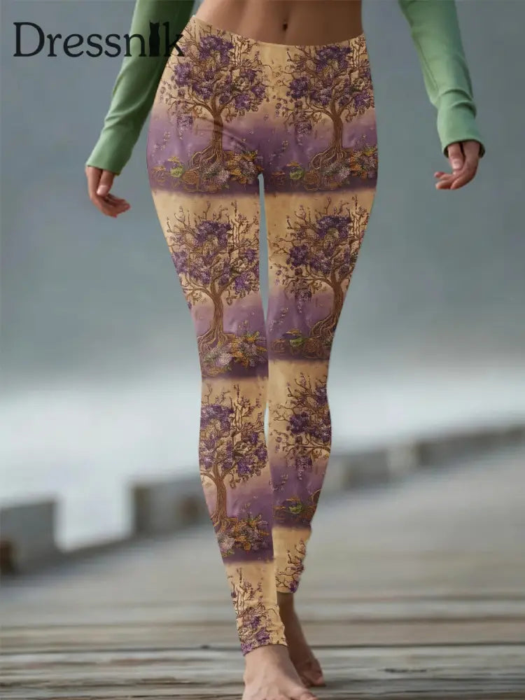 Frauen Wikinger Baum des Lebens keltische Steigung stricken gemütliche Leggings Lila / S