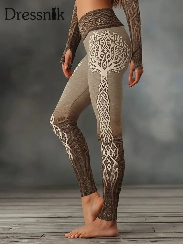 Frauen Wikinger Baum des Lebens Leggings Braun / S
