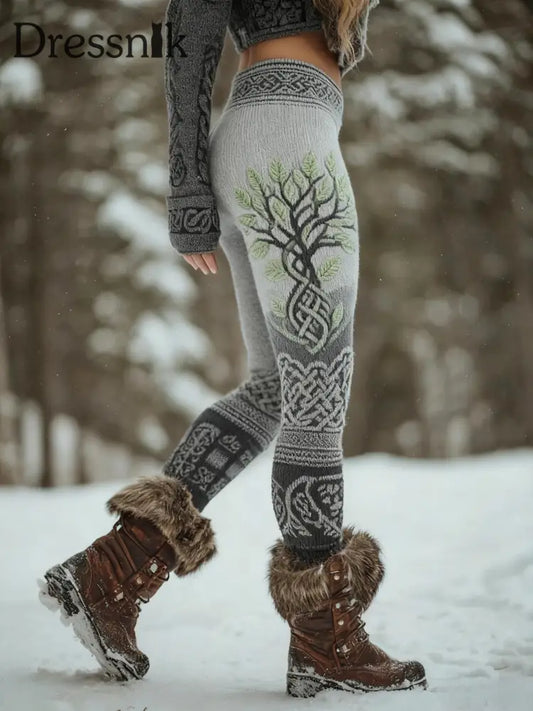 Frauen Wikinger Baum des Lebens Muster Gemütliche Leggings Hellgrau / S