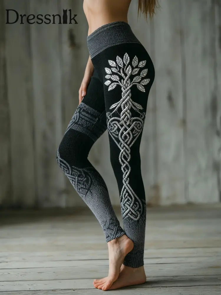 Frauen Wikinger Baum des Lebens Muster Gemütliche Leggings Schwarz / S