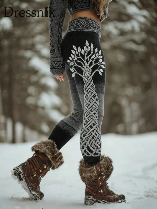 Frauen Wikinger Baum des Lebens Muster Gemütliche Leggings Schwarz / S