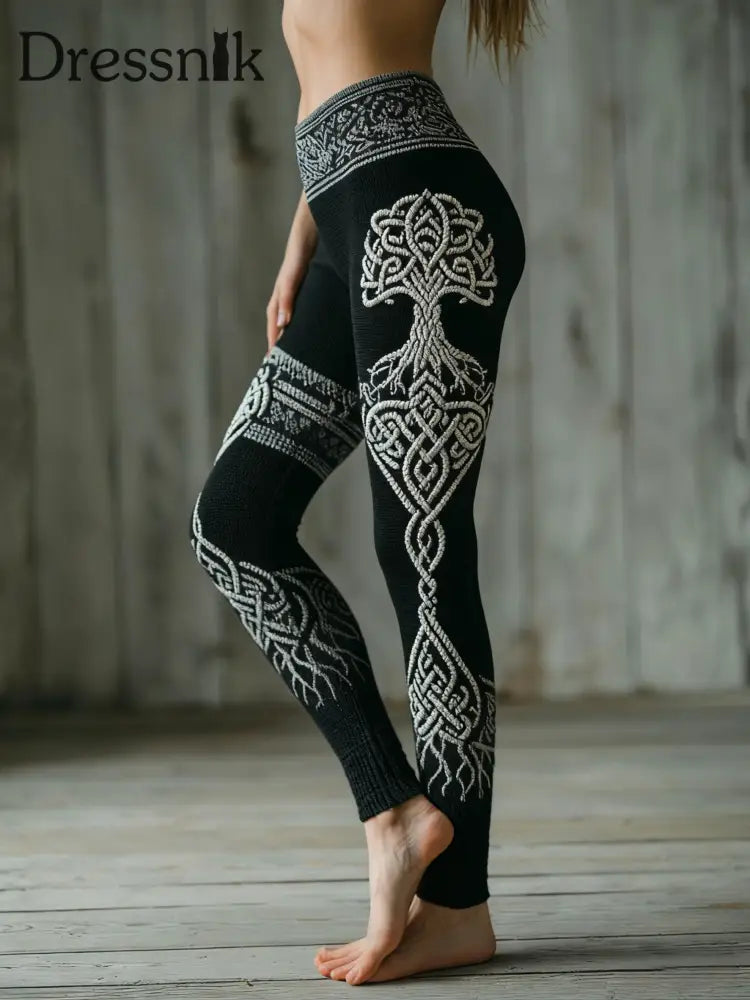 Frauen Wikinger Baum des Lebens Muster Gemütliche Leggings Schwarz / S
