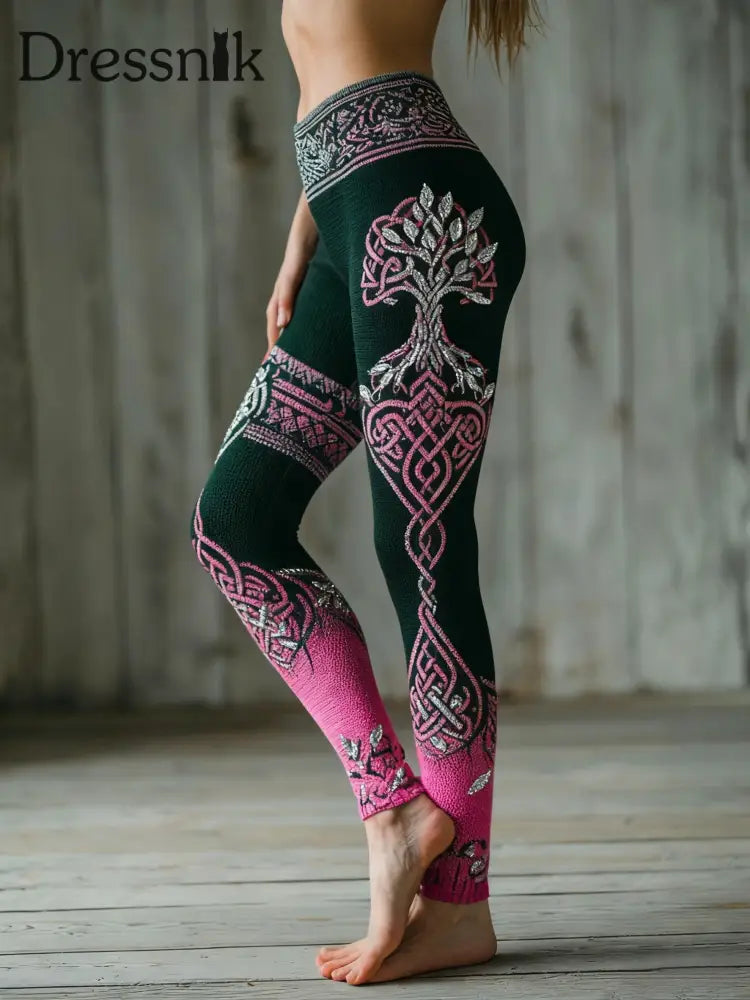 Frauen Wikinger Baum des Lebens Muster Gradient Mehrfarbige gemütliche Leggings Dunkelgrün / S