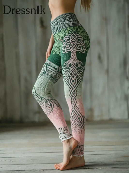 Frauen Wikinger Baum des Lebens Muster Gradient Mehrfarbige gemütliche Leggings Grün / S