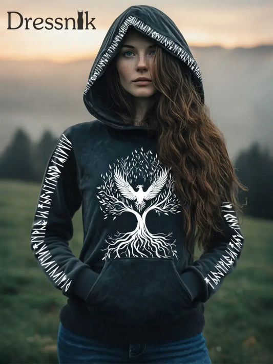 Frauen Wikinger Baum des Lebens Phönix Totem Hoodie Dunkelgrün / S