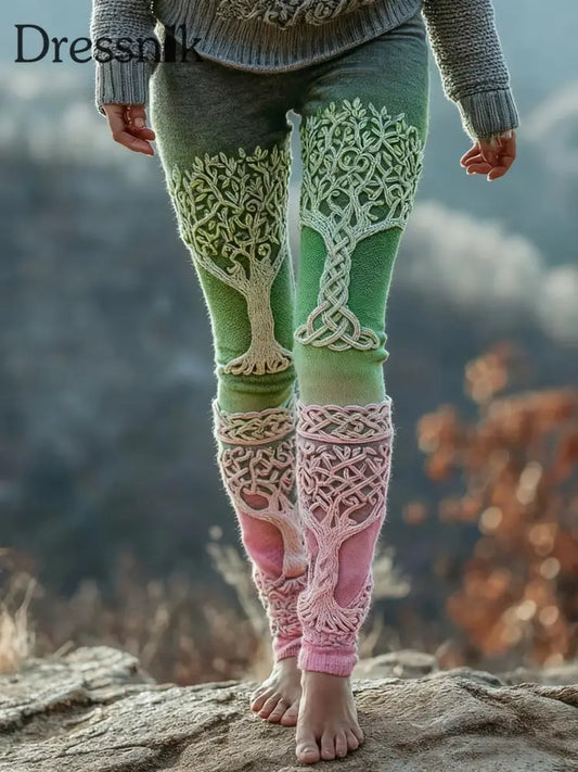 Frauen Wikinger keltischer Knoten Baum des Lebens Gradienten Sport Stretch Leggings Grün / S