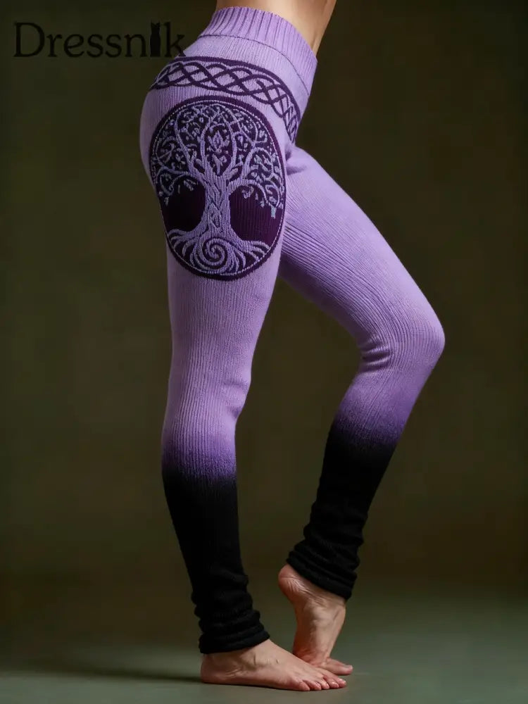 Frauen Wikinger keltischer Knoten Baum des Lebens Gradienten Sport Stretch Leggings Lila / S