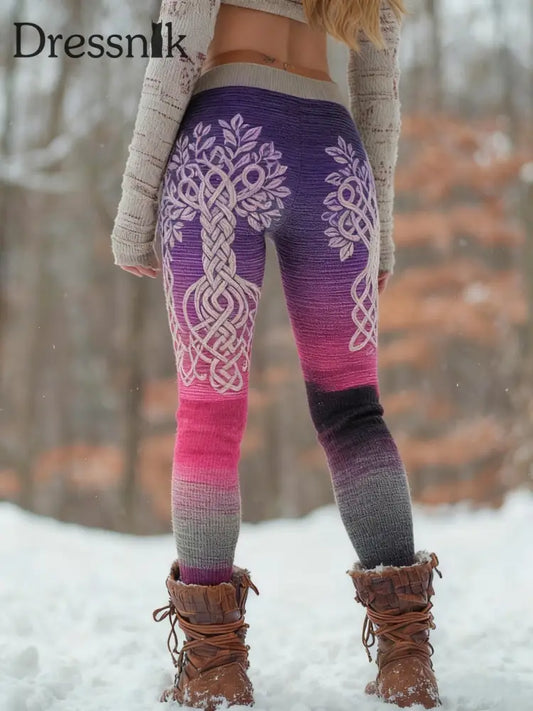 Frauen Wikinger keltischer Knoten Baum des Lebens Gradienten Sport Stretch Leggings Lila / S
