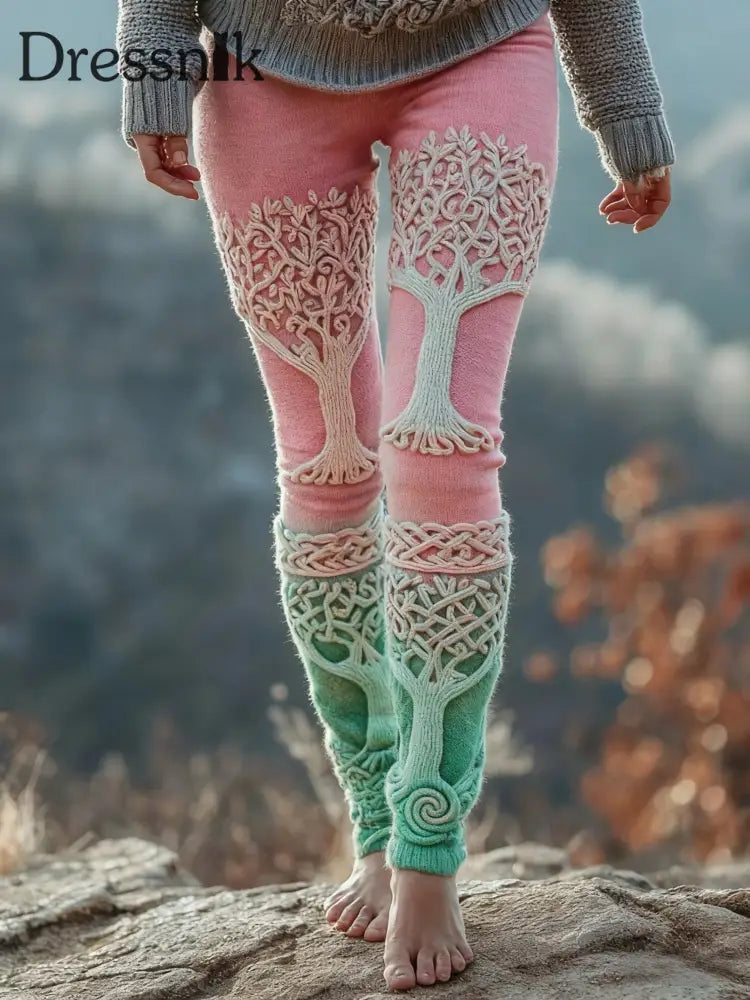 Frauen Wikinger keltischer Knoten Baum des Lebens Gradienten Sport Stretch Leggings Rosa / S