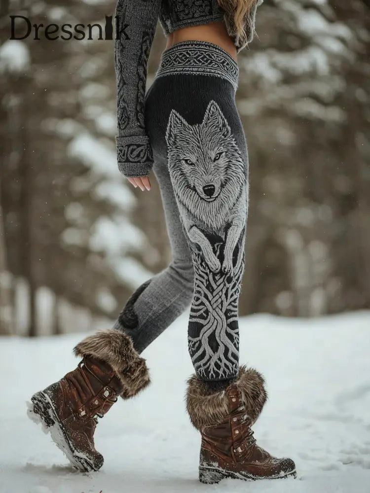 Frauen Wikinger Wolf Keltischer Knoten Baum des Lebens Gradienten Sport Stretch Leggings Dunkelgrau / S