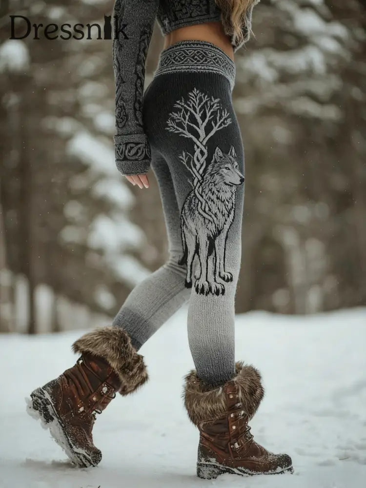 Frauen Wikinger Wolf Keltischer Knoten Baum des Lebens Gradienten Sport Stretch Leggings Dunkelgrau / S