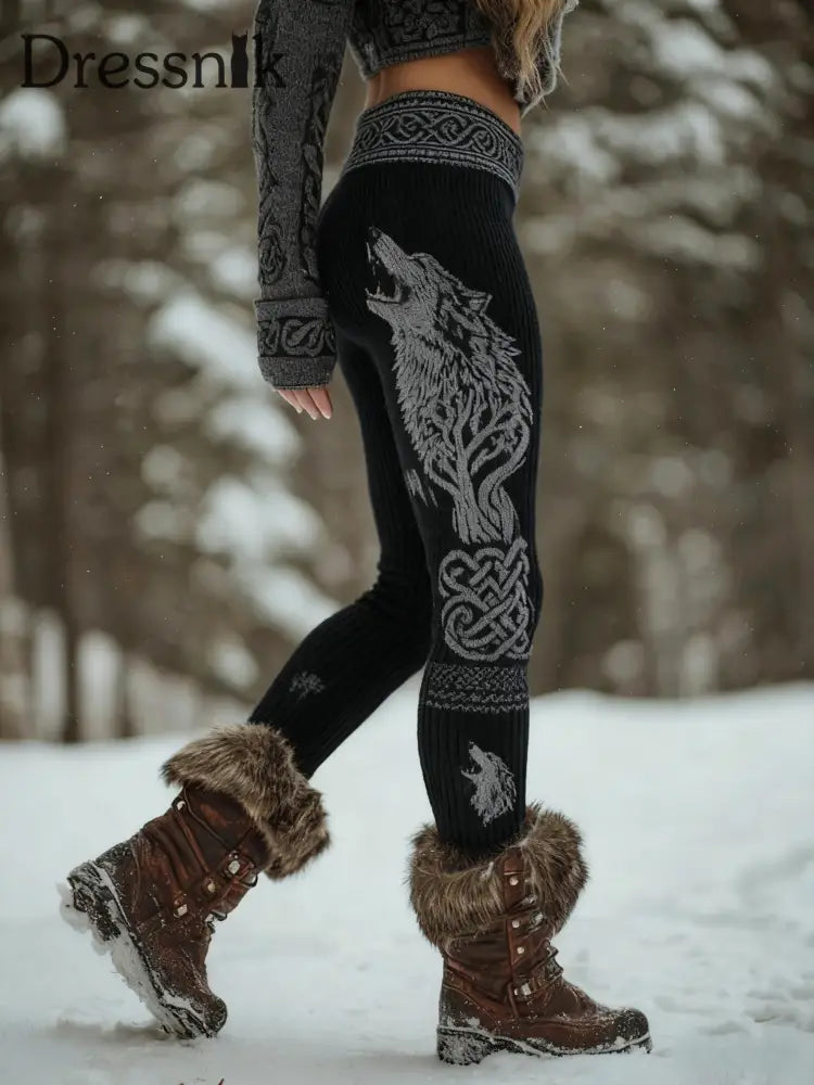 Frauen Wikinger Wolf Keltischer Knoten Baum des Lebens Gradienten Sport Stretch Leggings Schwarz / S