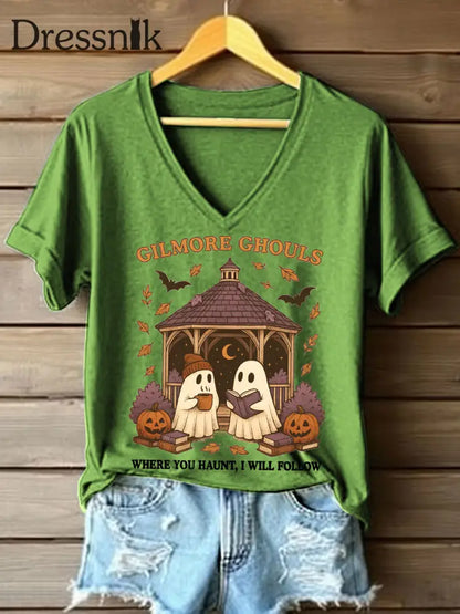 Frauen wo Sie verfolgen Ich werde folgen Druck V-Ausschnitt T-Shirt Grün / S