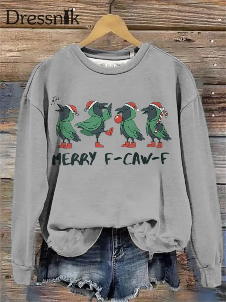 Frohe Weihnachten F-Caw-F Crow Print Sweatshirt für Damen Grau / S