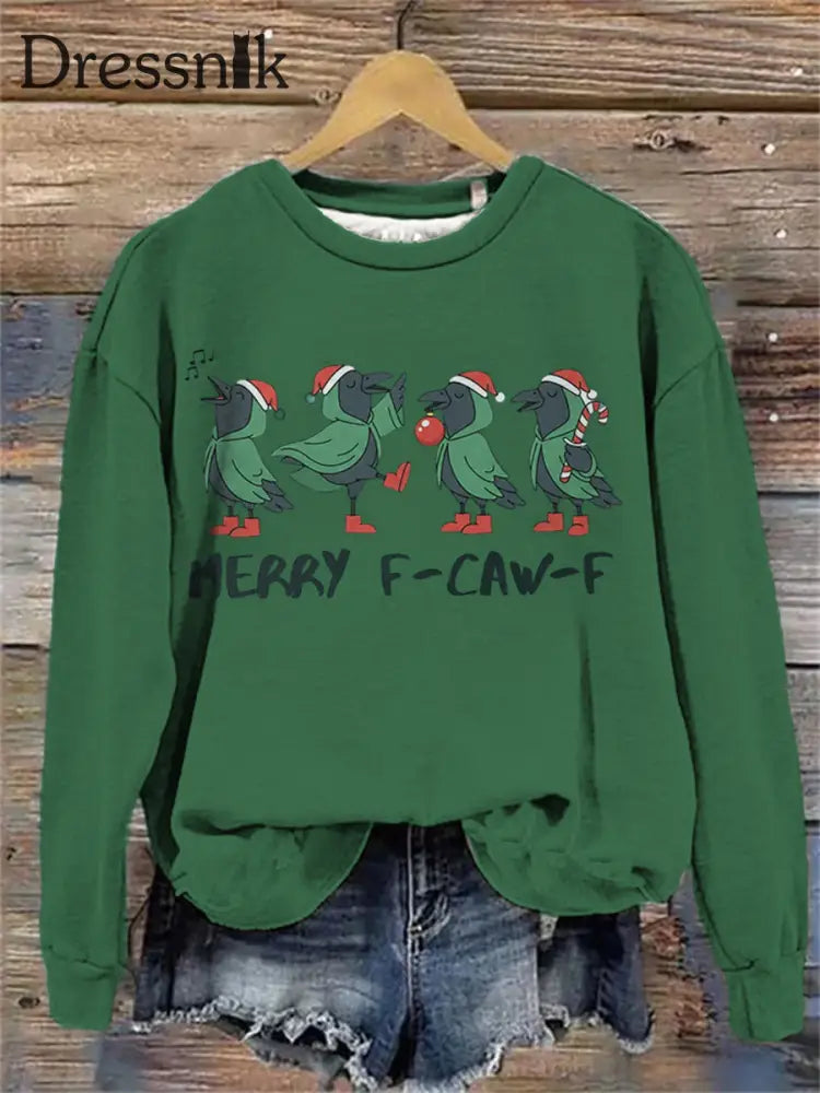 Frohe Weihnachten F-Caw-F Crow Print Sweatshirt für Damen Grün / S