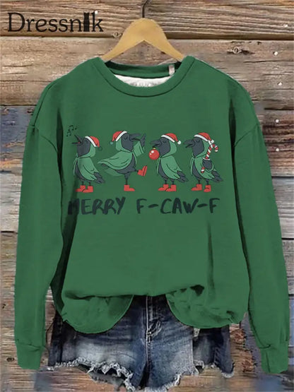 Frohe Weihnachten F-Caw-F Crow Print Sweatshirt für Damen Grün / S