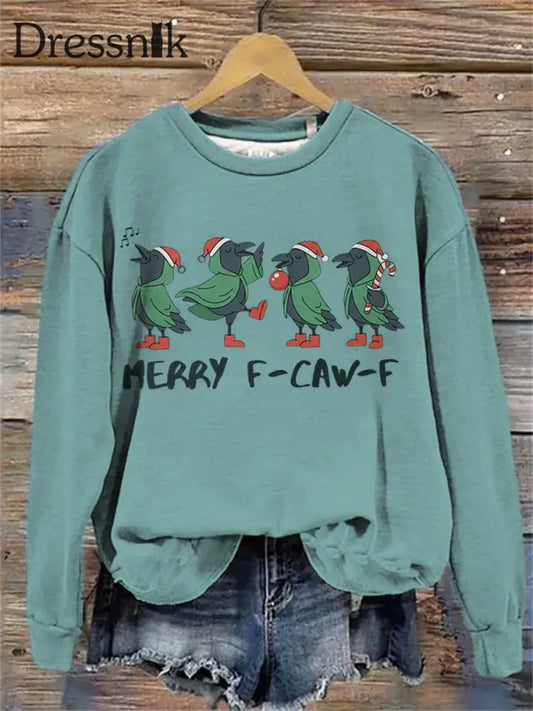 Frohe Weihnachten F-Caw-F Crow Print Sweatshirt für Damen Hellgrün / S