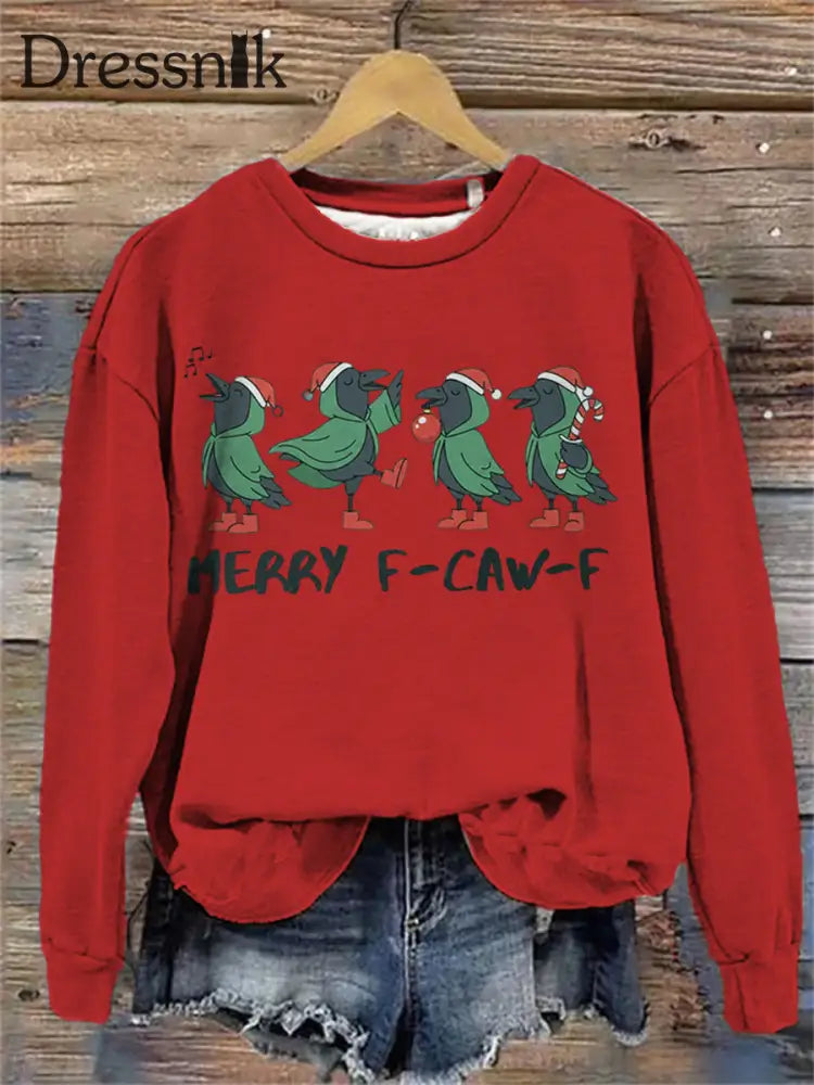 Frohe Weihnachten F-Caw-F Crow Print Sweatshirt für Damen Rot / S