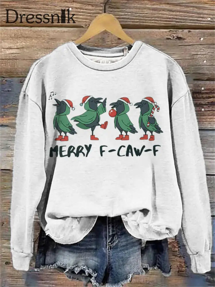 Frohe Weihnachten F-Caw-F Crow Print Sweatshirt für Damen Weiß / S