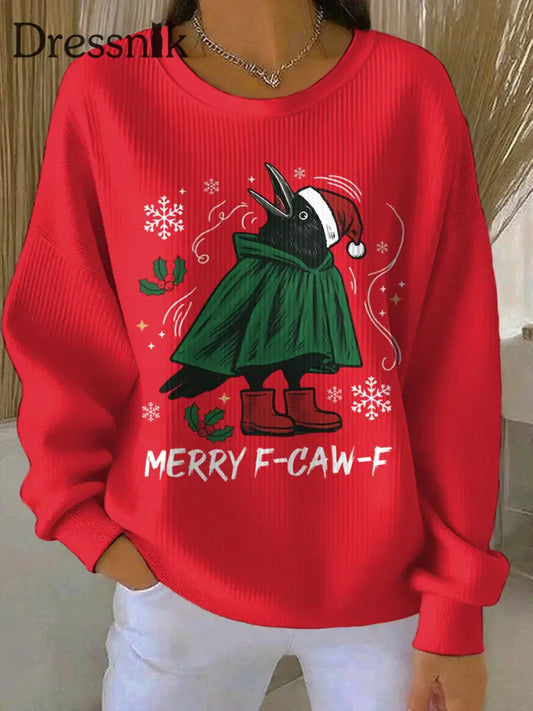Frohe Weihnachten F-Caw-F-Krähen-Druck mit geripptem Rundhals-Sweatshirt für Damen Rot / S