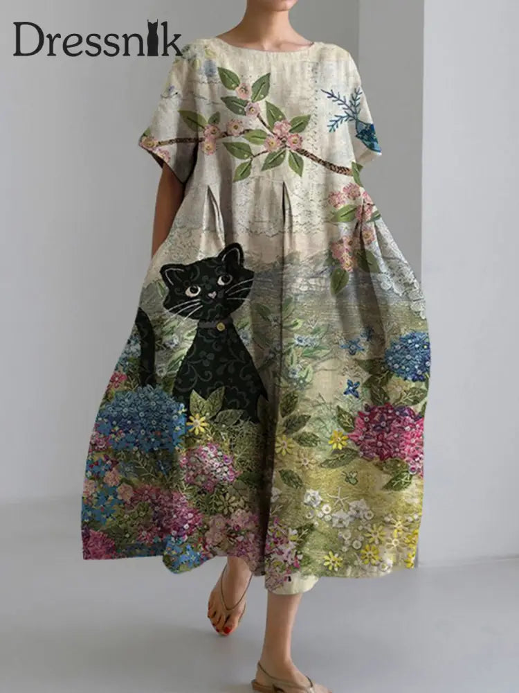 Frühling Niedliche Katze Blume Gedruckt Lässig Rundhals Kurzarm Maxi Kleid A / S