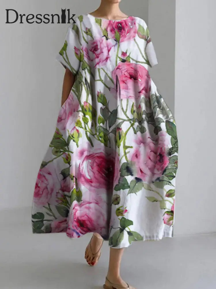 Frühling Rosa Rose Blume Kunst Gedruckt Lässig Rundhals Kurzarm Maxi Kleid A / S