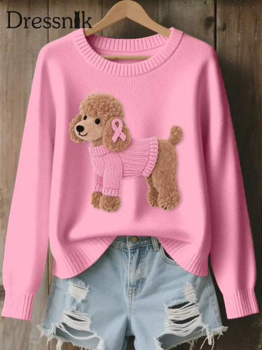 Gemütliche Strick pullover mit Pudel Hunde muster für Frauen Rosa / S