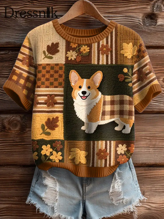Gemütliches Strick oberteil mit Corgi Muster für Damen als bild / S