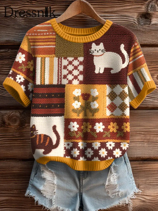 Gemütliches Strick oberteil mit Katzen muster für Damen als bild / S