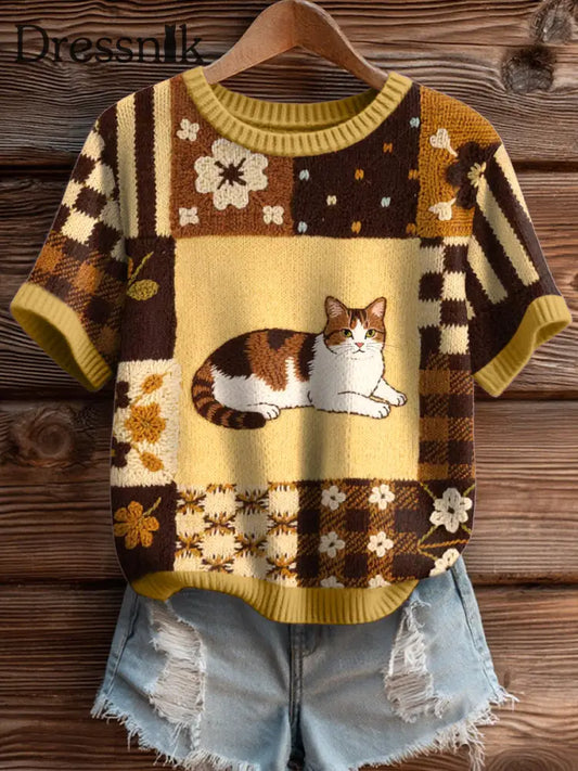 Gemütliches Strick oberteil mit Katzen muster für Damen als bild / S