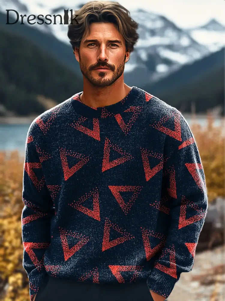 Gentleman Klassische Geometrische Kunstdruck Strick Pullover Hemd Mit Rundhals Ausschnitt Bunt / S