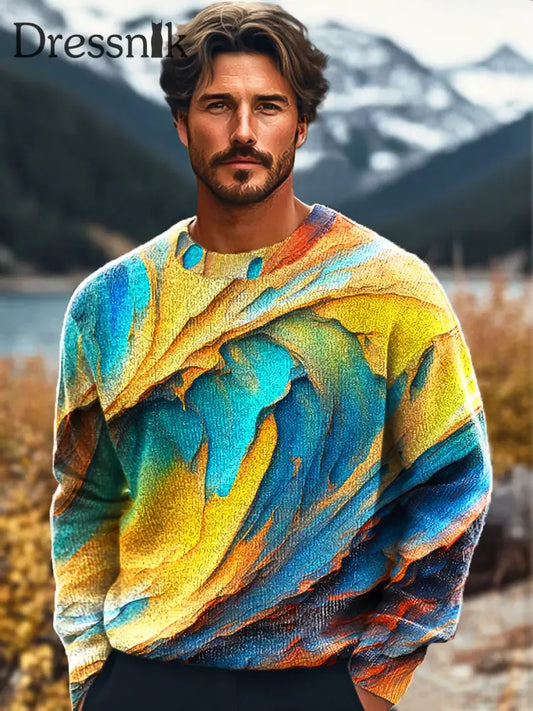 Gentleman Vintage Abstrakt Bunte Acryl Pigment Kunstdruck Strick Pullover Mit Rundhals Ausschnitt