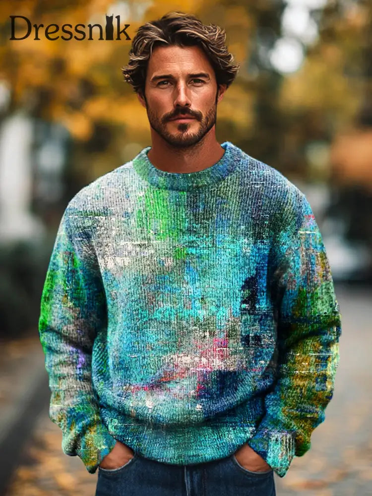 Gentleman Vintage Abstrakt Farbverlauf Kunstdruck Strick Pullover Mit Rundhals Ausschnitt Bunt / S