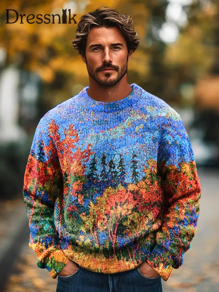 Gentleman Vintage Abstrakte Landschaft Ölgemälde Kunstdruck Strick Pullover Mit Rundhals