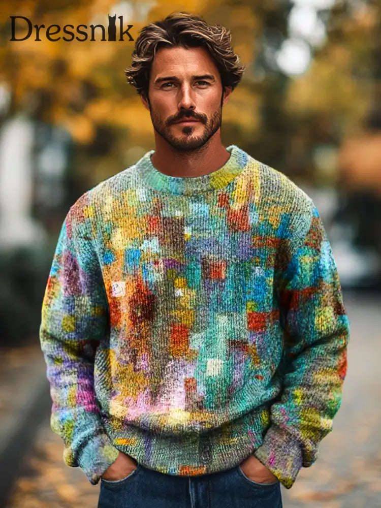 Gentleman Vintage Bunt Abstrakt Kunstdruck Strick Pullover Pullover Mit Rundhals Ausschnitt / S