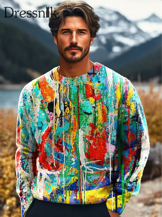 Gentleman Vintage Bunte Abstrakte Graffiti-Kunstdruck Strick Pullover Mit Rundhals Ausschnitt Bunt