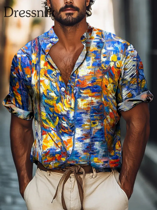 Gentleman Vintage Bunte Abstrakte Linie Farbe Block Kunstdruck Kurzarm Henley Hemd Bunt / S
