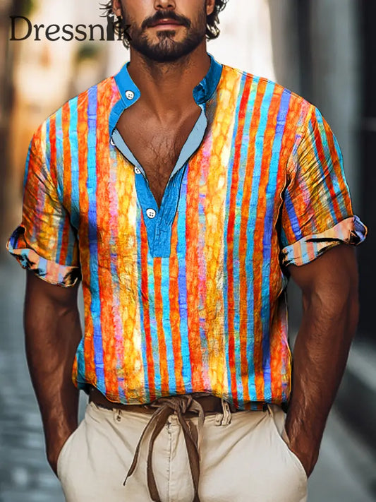 Gentleman Vintage Bunte Abstrakte Streifen Kunst Druck Kurzarm Henley Hemd Bunt / S