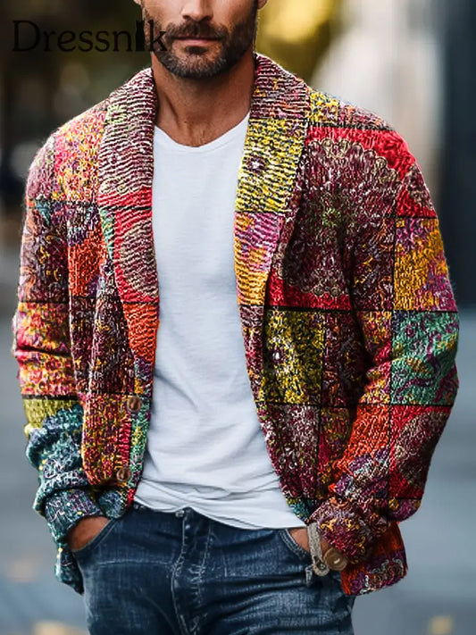 Gentleman Vintage Bunte Ethnische Geometrische Blumen Kunst Druck Revers Strick Strickjacke Bunt / S
