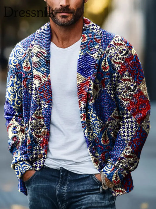 Gentleman Vintage Bunte Geometrische Paisley Floral Art Print Revers Strick Jacke Bunt / S