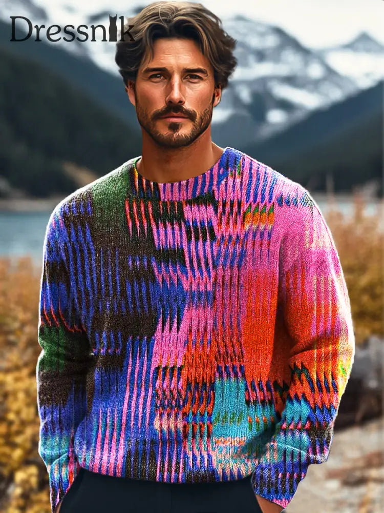 Gentleman Vintage Bunte Gradienten Linie Geometrischer Kunstdruck Strick Pullover Mit Rundhals