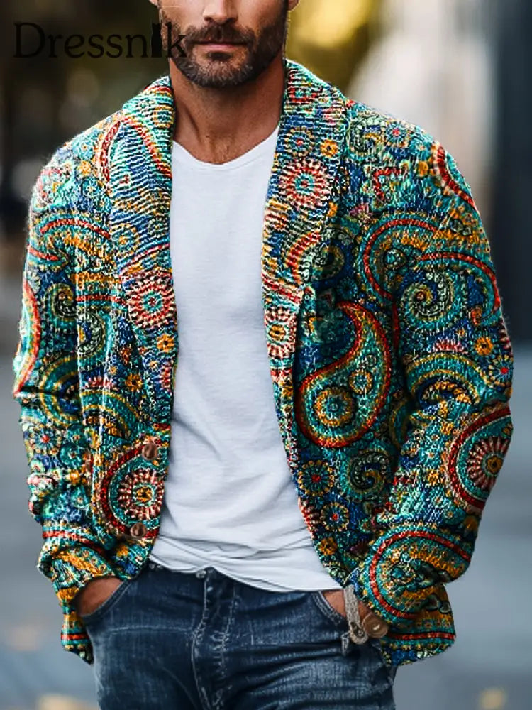 Gentleman Vintage Bunte Paisley Floral Art Print Revers Strickjacke Bunt / S